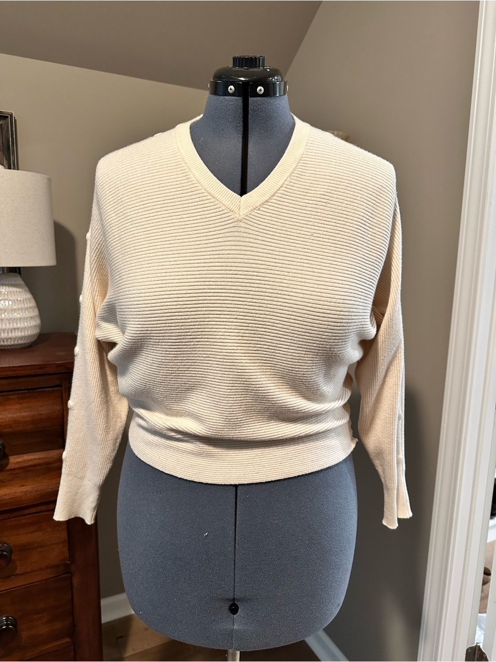 Premise Cream Ribbed V-Neck Sweater